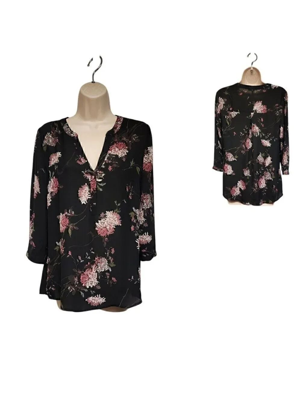 Maurices Floral 3/4 Sleeve Popover V Neck Sheer Chiffon Blouse Size Small